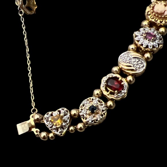 VINTAGE 14K YELLOW GOLD SLIDE BRACELET, GEMSTONES, GOLD BALL AND CHAIN SPACERS - Picture 5 of 17